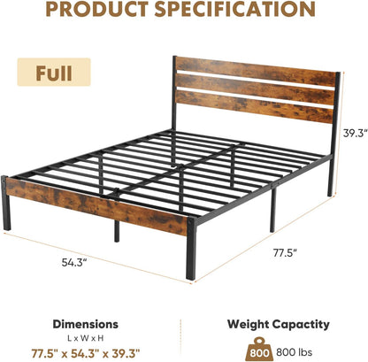 OLIXIS Full Size Bed Frame with Rustic Headboard – Metal Mattress Foundation, Under-Bed Storage, Rust Brown