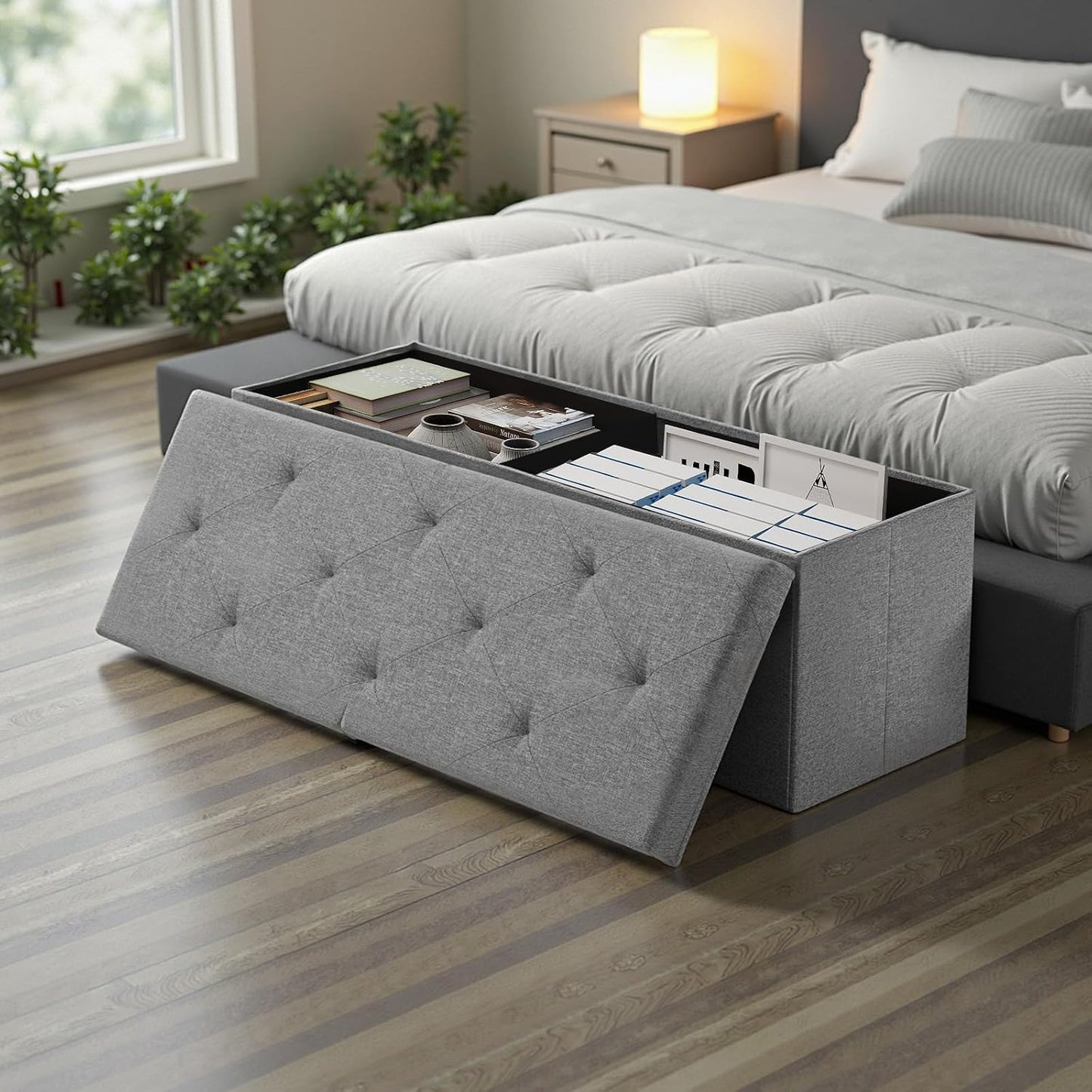DUMOS 43" Folding Storage Ottoman Bench – Heavy Duty 660 lbs Capacity, Extra Thick Padded Seat | Large Storage Chest & Footrest for Bedroom, Living Room & Entryway (Grey)