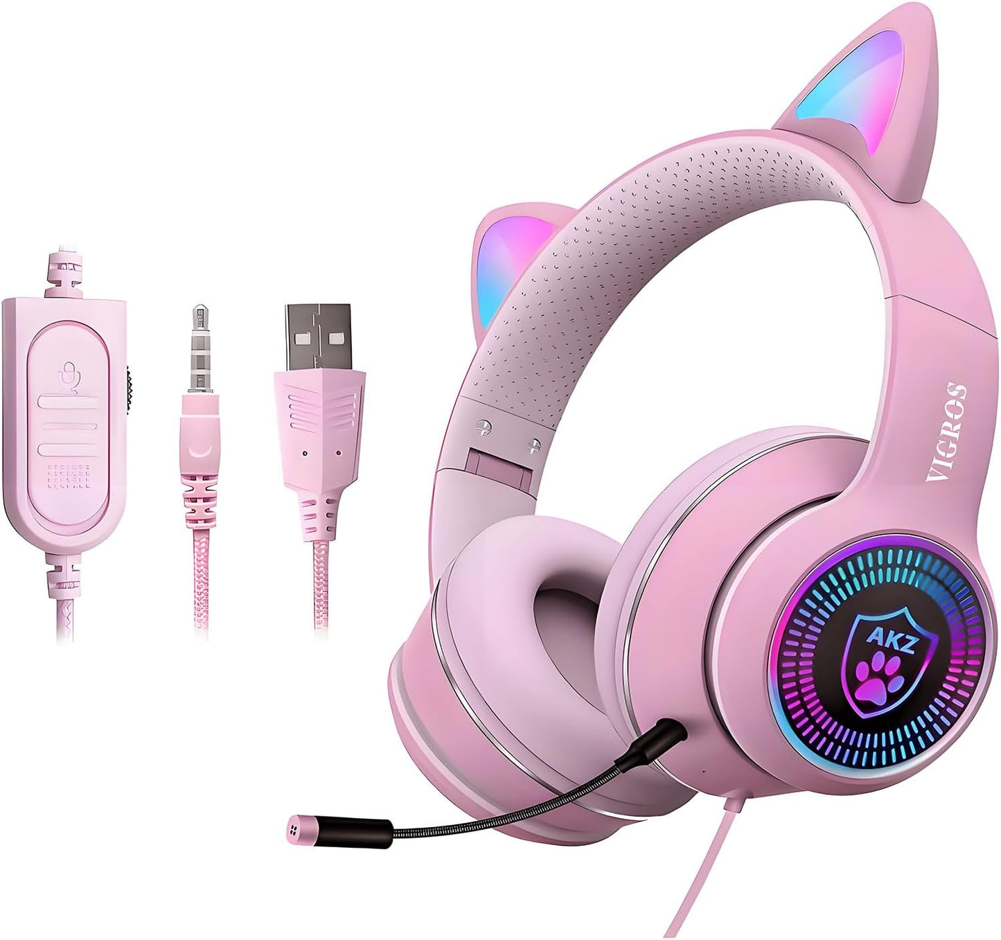 Cat Ear RGB Gaming Headset with Mic, Wired 3.5mm for PC, PS4, Switch & Mobile