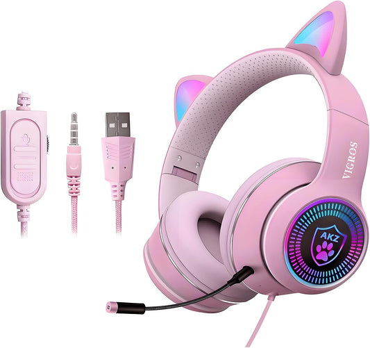 Cat Ear RGB Gaming Headset with Mic, Wired 3.5mm for PC, PS4, Switch & Mobile
