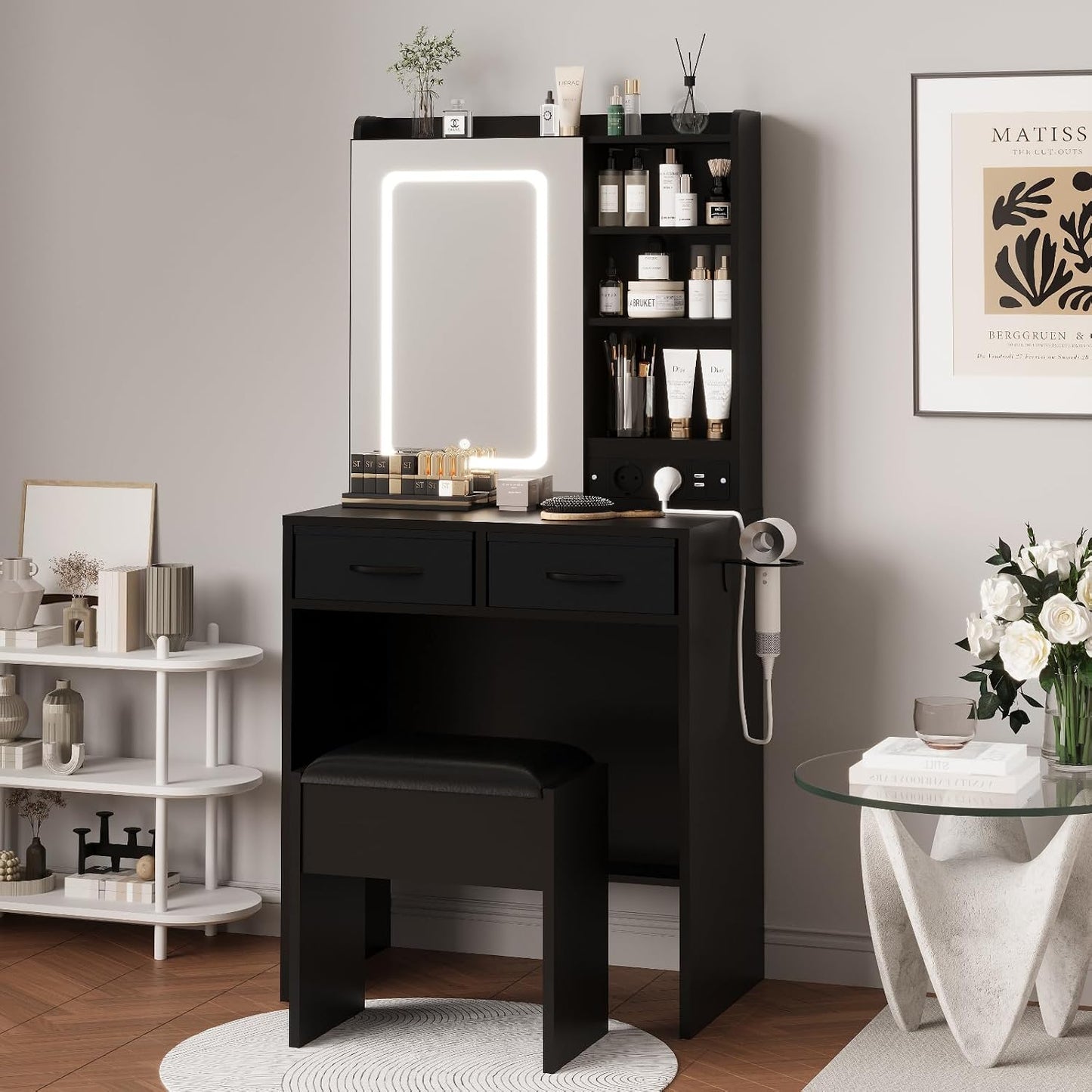 Black Makeup Vanity Desk with Lighted Mirror & Chair – Built-in Charging Station, Glass-Door RGB Storage Cabinet, 2 Drawers & Power Outlets