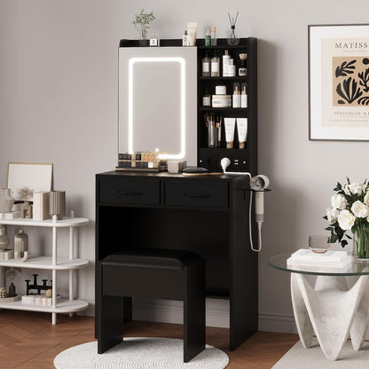 Black Makeup Vanity Desk with Lighted Mirror & Chair – Built-in Charging Station, Glass-Door RGB Storage Cabinet, 2 Drawers & Power Outlets