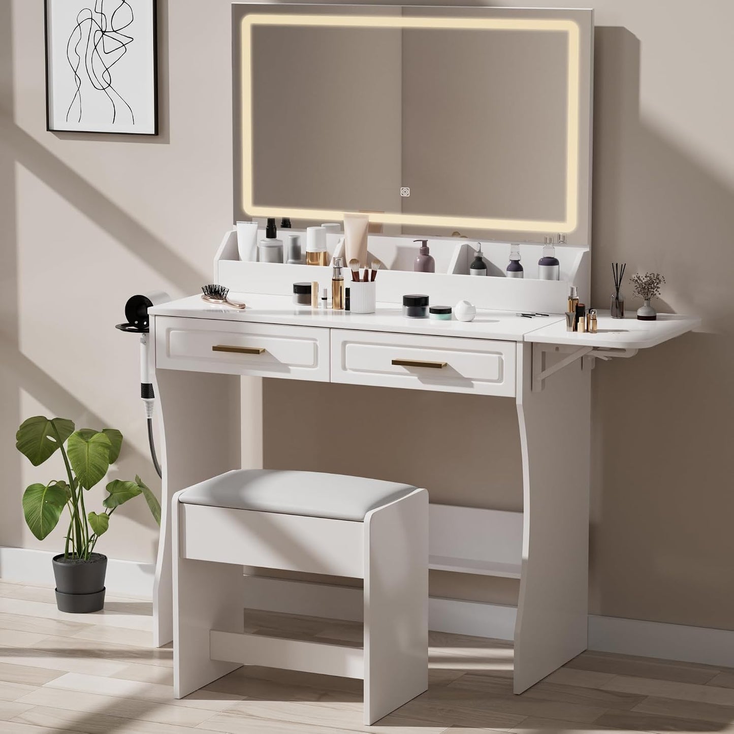 Holiday Glam White Makeup Vanity Set with Lighted Mirror & Stool