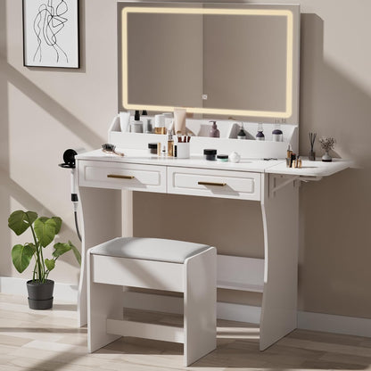 Holiday Glam White Makeup Vanity Set with Lighted Mirror & Stool