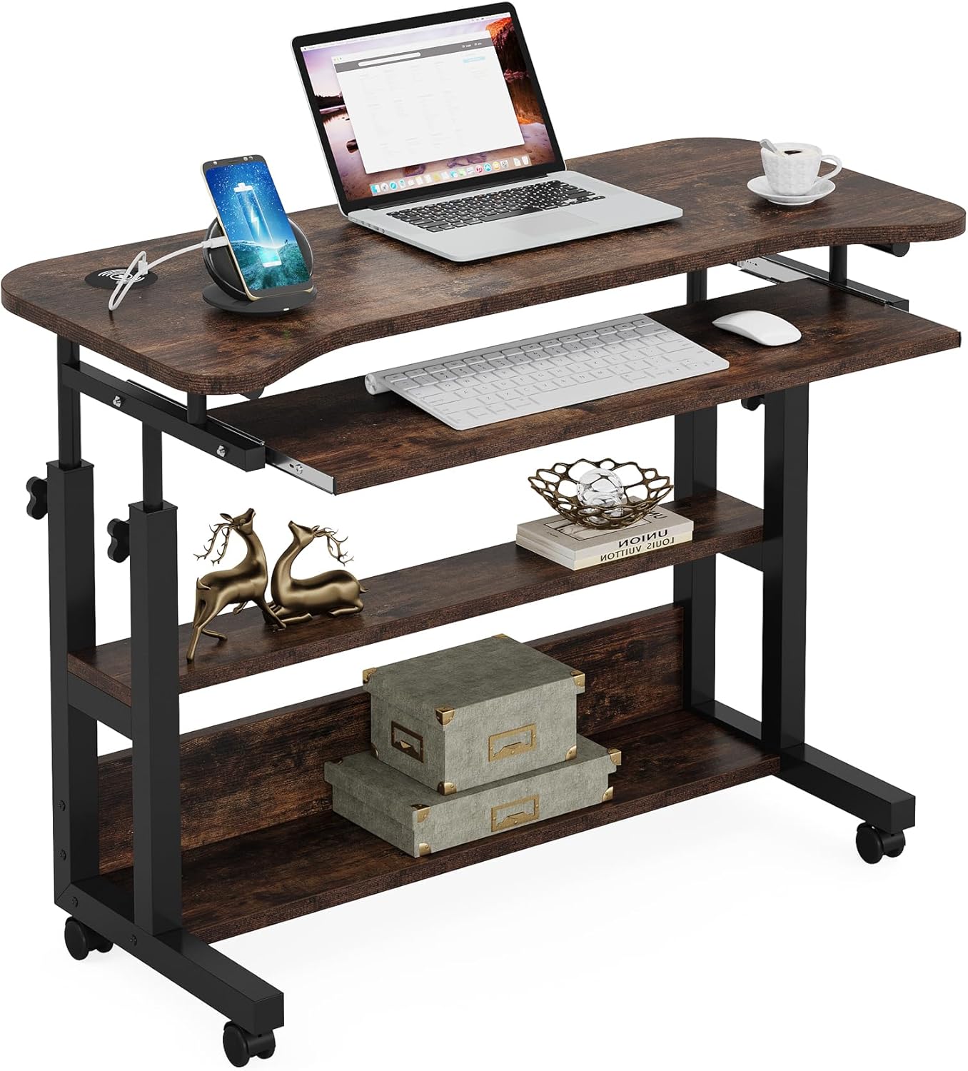 Tribesigns Mobile Standing Desk with Power Outlet & USB Charging – Adjustable Laptop Cart with Keyboard Tray