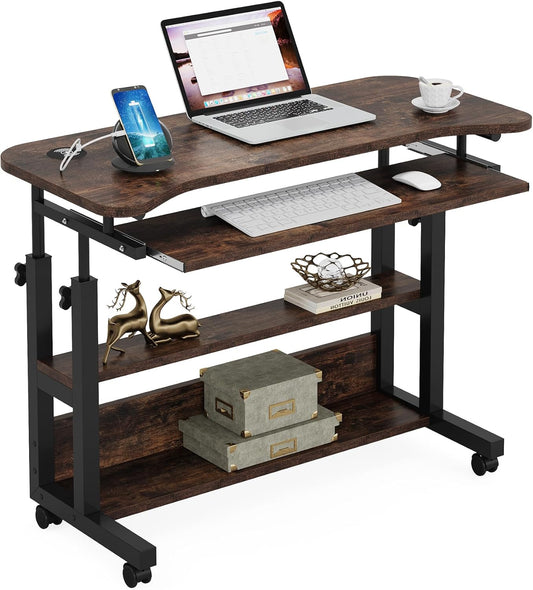 Tribesigns Mobile Standing Desk with Power Outlet & USB Charging – Adjustable Laptop Cart with Keyboard Tray