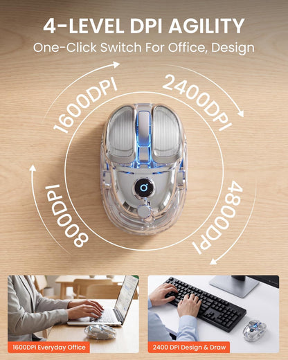 SEUNKWANG Q9 Transparent Wireless Mouse – RGB, Bluetooth & 2.4G, Rechargeable, Silver