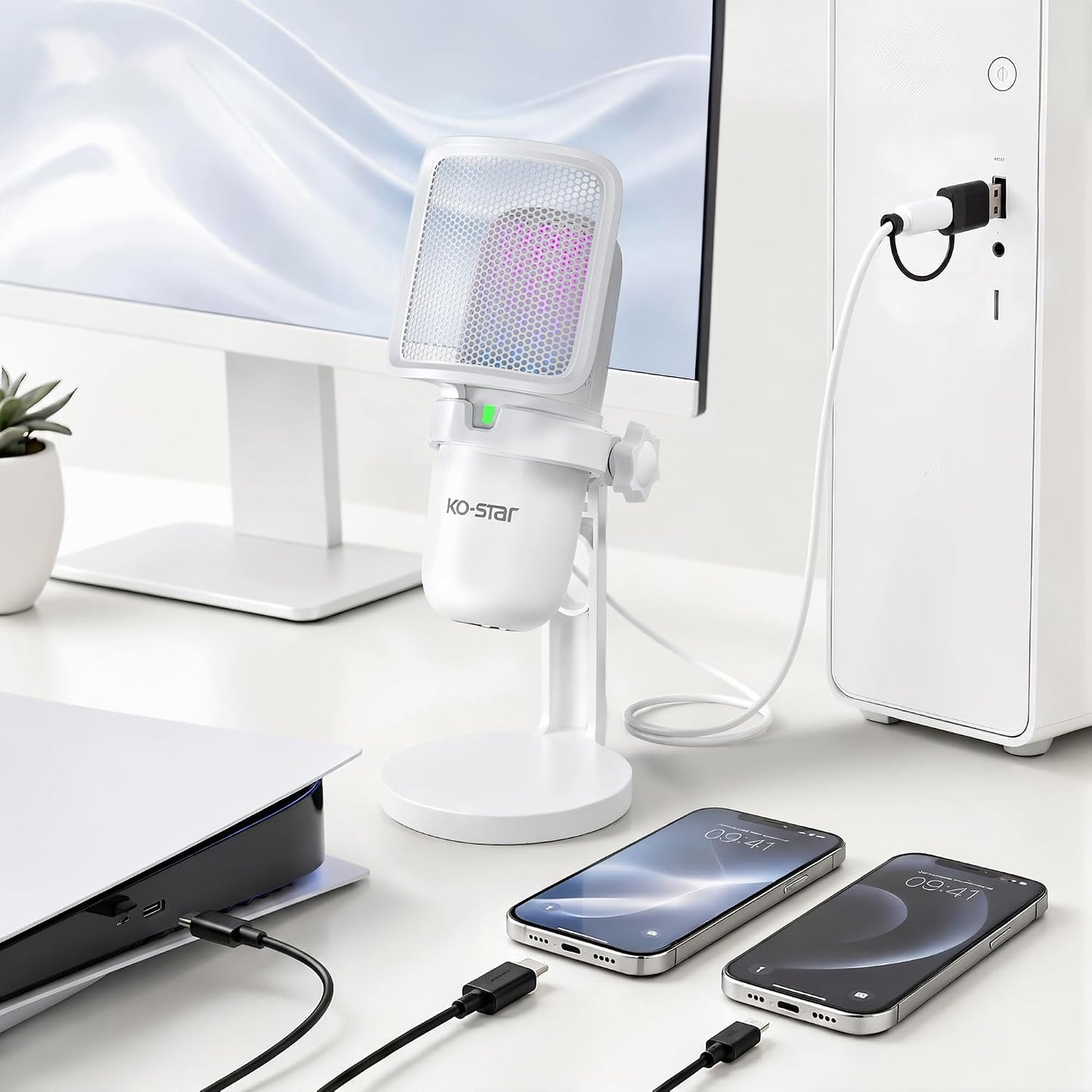 RGB USB Gaming Microphone, White | Touch Mute, Plug & Play