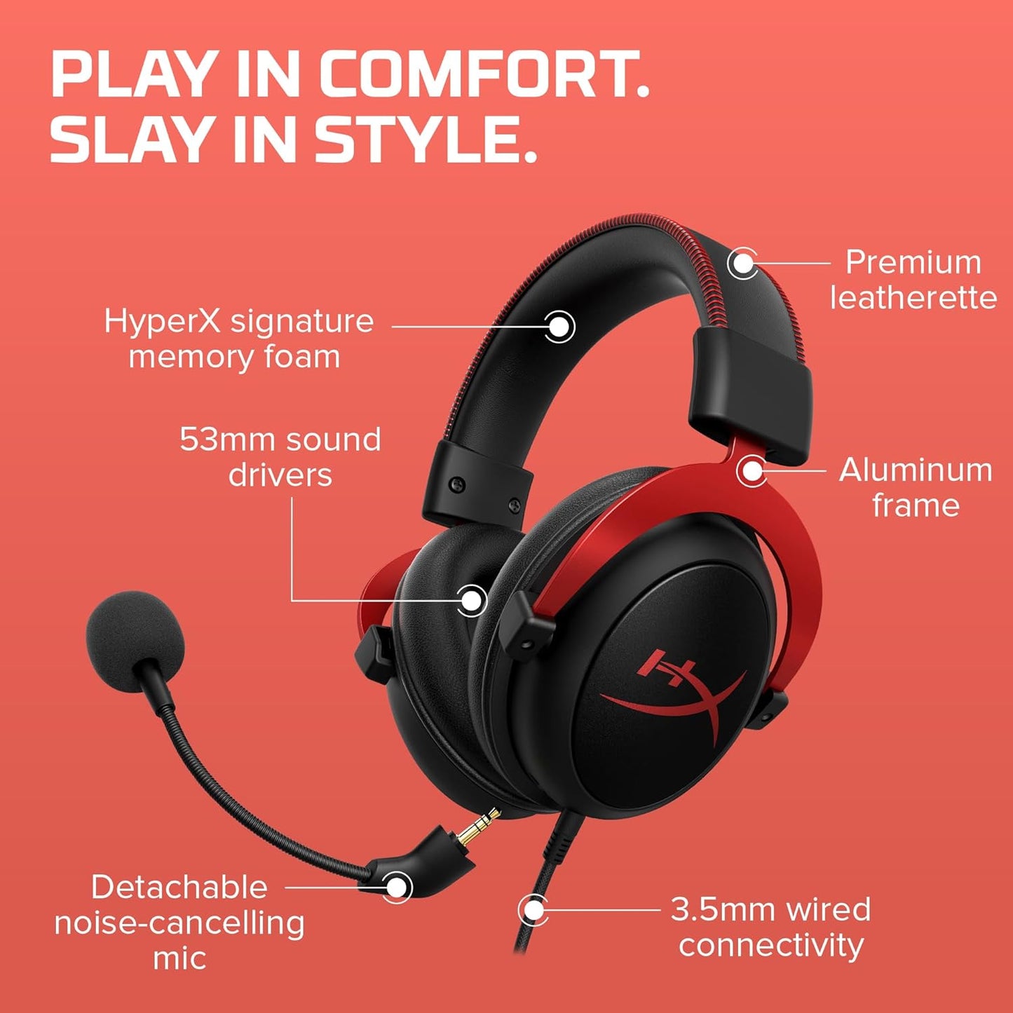 HyperX Cloud II Gaming Headset – 7.1 Surround Sound, Memory Foam, Red