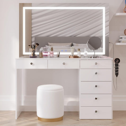 Boahaus Luna Large Makeup Vanity Desk with LED Lighted Mirror – 7 Storage Drawers & Built-in Power Outlets, White Dressing Table