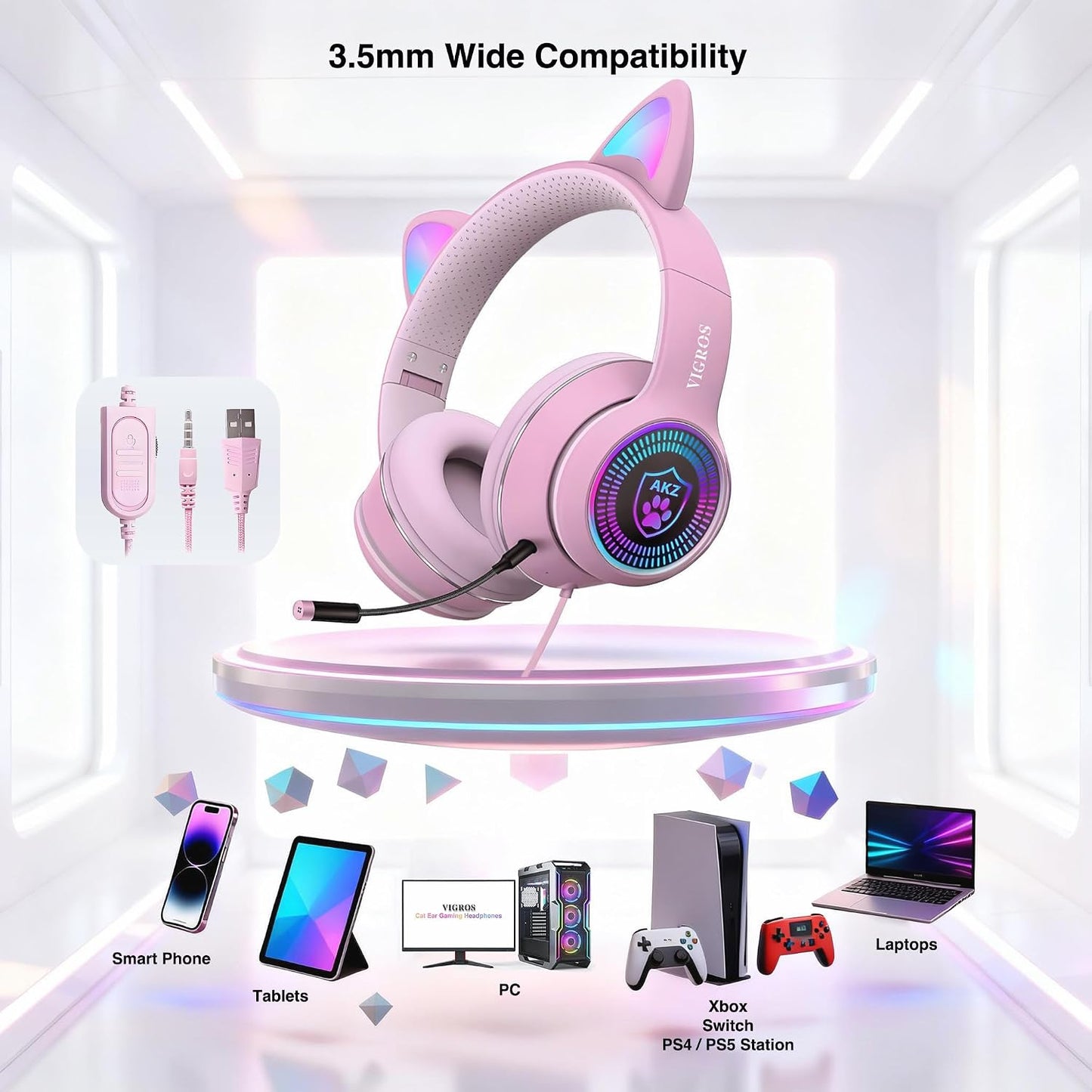 Cat Ear RGB Gaming Headset with Mic, Wired 3.5mm for PC, PS4, Switch & Mobile
