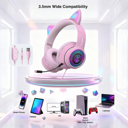 Cat Ear RGB Gaming Headset with Mic, Wired 3.5mm for PC, PS4, Switch & Mobile