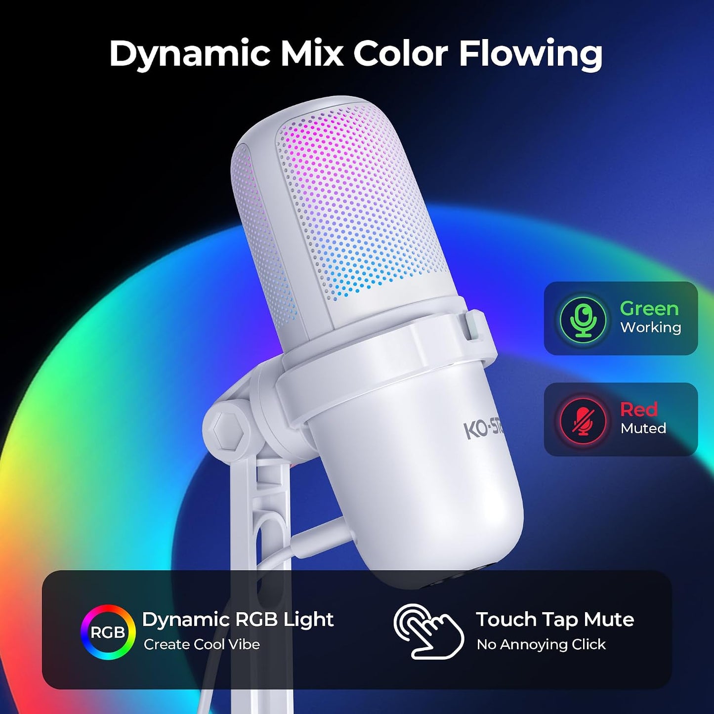 RGB USB Gaming Microphone, White | Touch Mute, Plug & Play