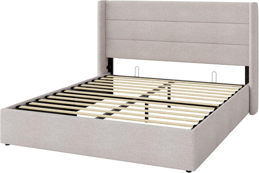 Allewie Queen Hydraulic Lift-Up Storage Bed Frame – Upholstered Wingback Headboard, Light Beige
