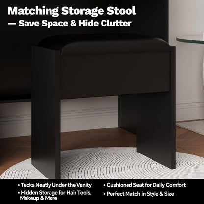 Black Makeup Vanity Desk with Lighted Mirror & Chair – Built-in Charging Station, Glass-Door RGB Storage Cabinet, 2 Drawers & Power Outlets