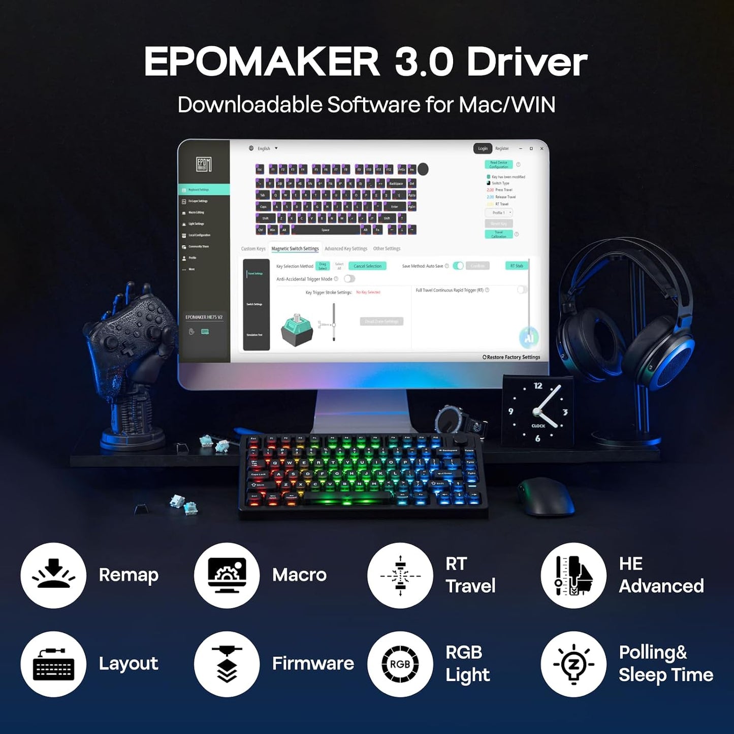 EPOMAKER HE75 V2 TMR Hall Effect Gaming Keyboard – 8KHz, Rapid Trigger, Wireless, Black