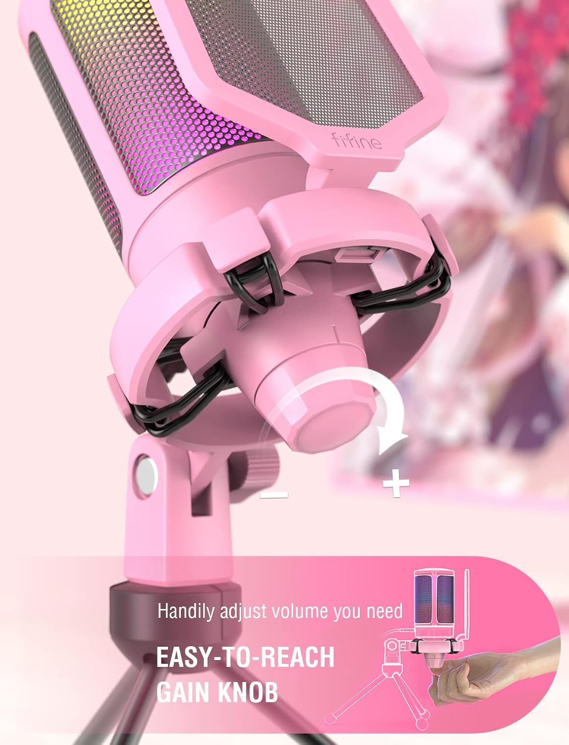 FIFINE AmpliGame Pink USB Gaming Microphone | RGB Condenser Mic for PC/PS5