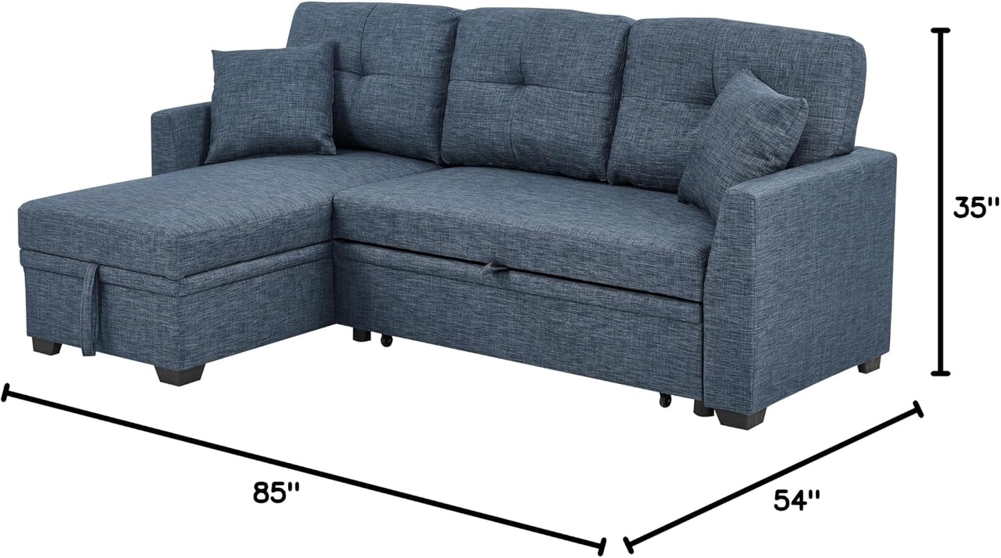 Ball & Cast 85" Convertible Sectional Sleeper Sofa with Storage Chaise (Blue)