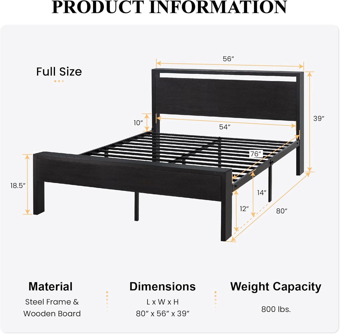 SHA CERLIN Full Size Metal Bed Frame with Wooden Headboard & Footboard – Black Oak, 12" Storage, Noise-Free