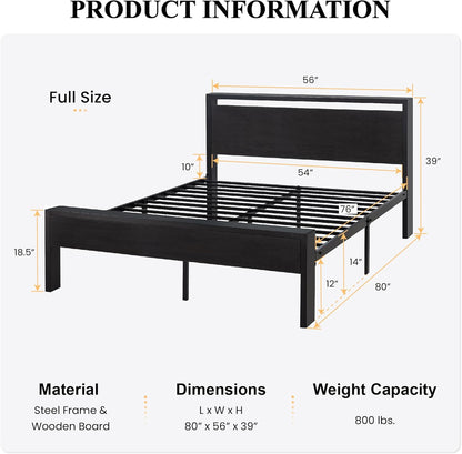 SHA CERLIN Full Size Metal Bed Frame with Wooden Headboard & Footboard – Black Oak, 12" Storage, Noise-Free