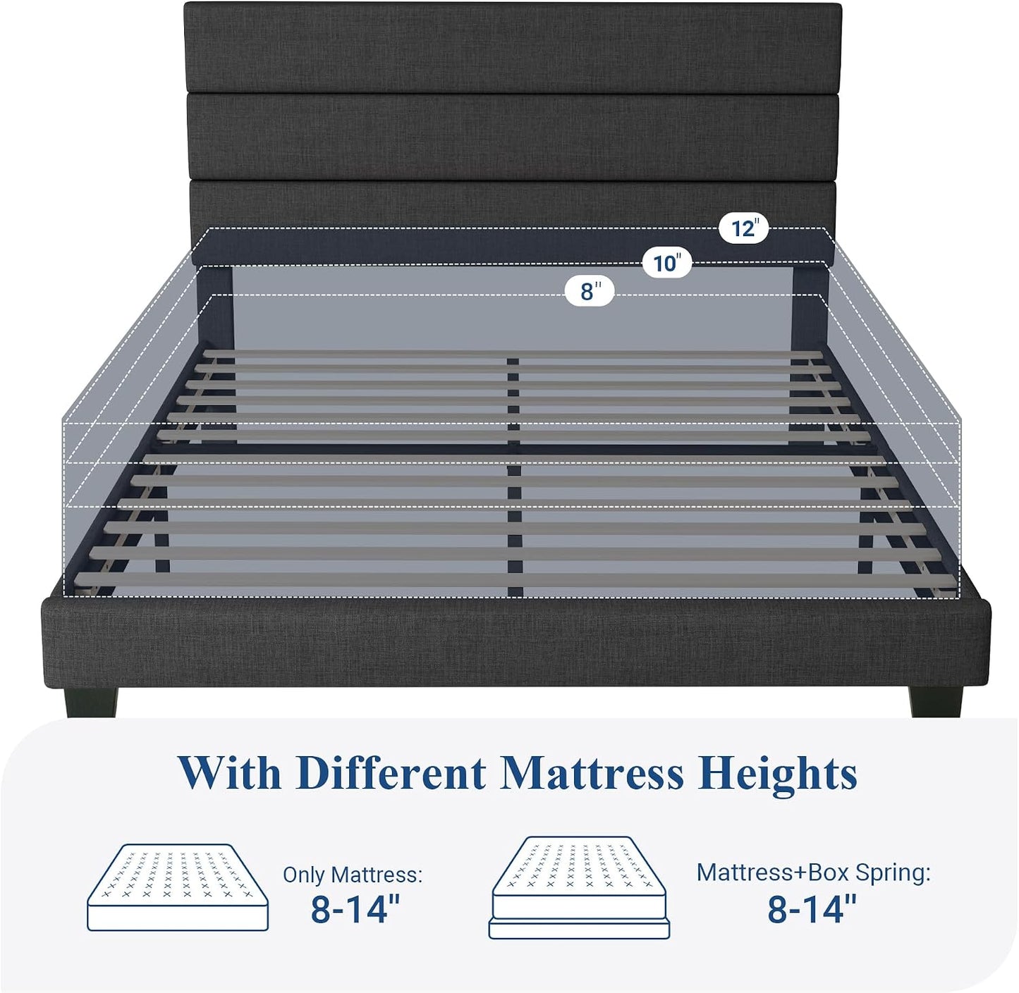Allewie Modern Dark Grey Queen Upholstered Bed Frame with Wooden Slat Support