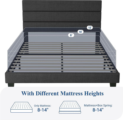 Allewie Modern Dark Grey Queen Upholstered Bed Frame with Wooden Slat Support