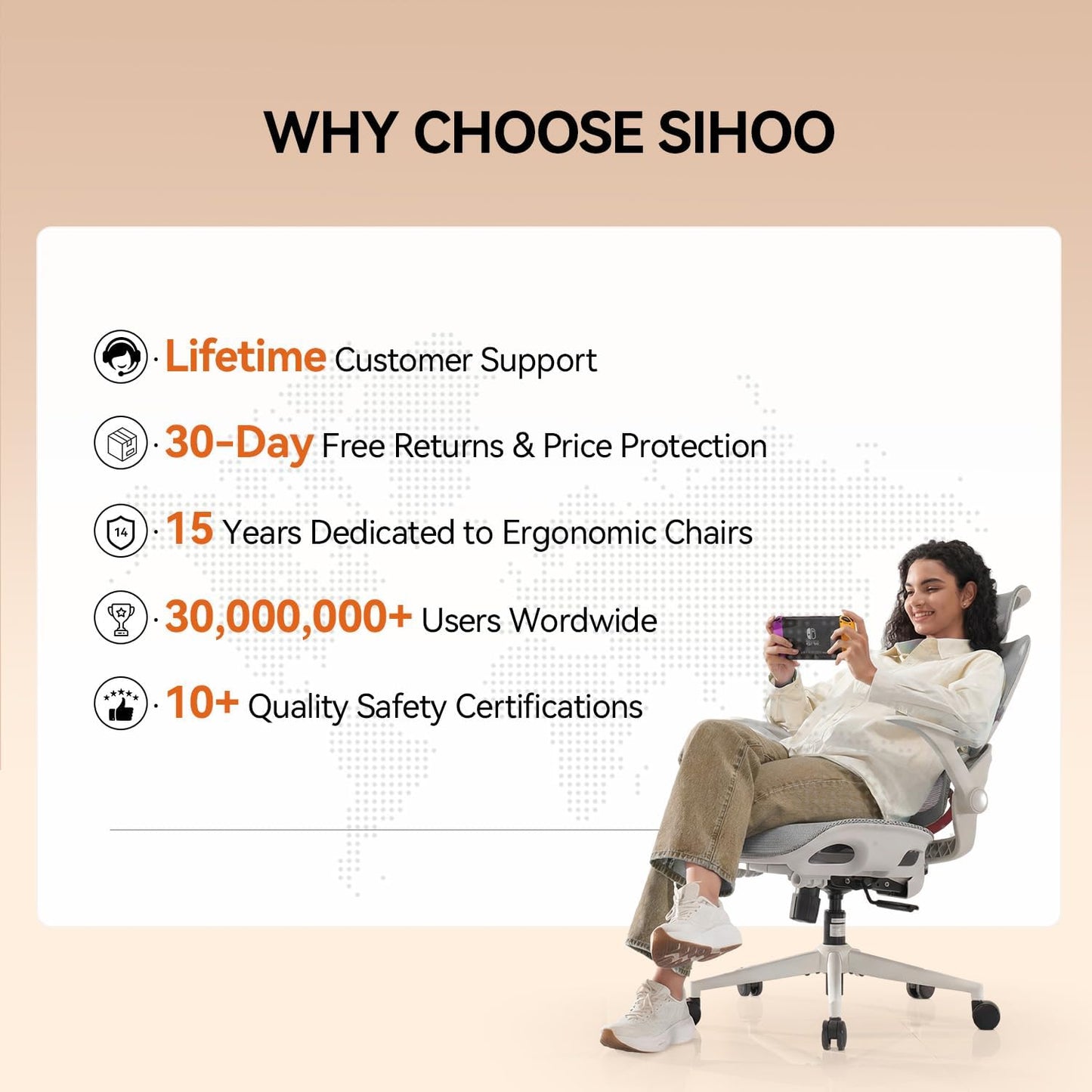 SIHOO B100 Ergonomic Office Chair with Adaptive Lumbar Support & Wide Headrest, Grey