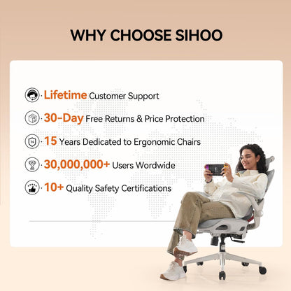 SIHOO B100 Ergonomic Office Chair with Adaptive Lumbar Support & Wide Headrest, Grey