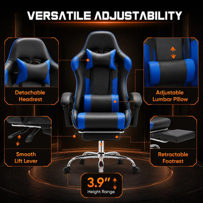 Ergonomic Gaming Chair with Footrest, Headrest & 360° Swivel, Adjustable Height