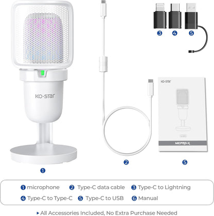 RGB USB Gaming Microphone, White | Touch Mute, Plug & Play