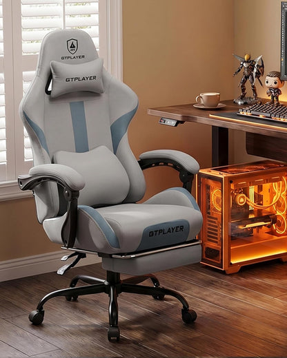 GTPLAYER Gaming Chair with Footrest, Pocket Spring Cushion & Lumbar Support, Mist Blue