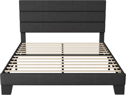 Allewie Modern Dark Grey Queen Upholstered Bed Frame with Wooden Slat Support
