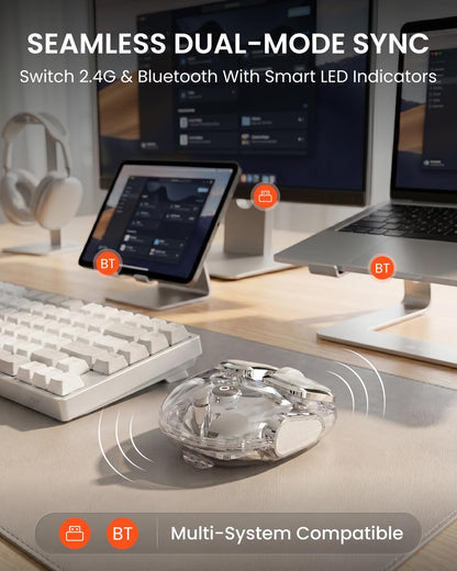 SEUNKWANG Q9 Transparent Wireless Mouse – RGB, Bluetooth & 2.4G, Rechargeable, Silver
