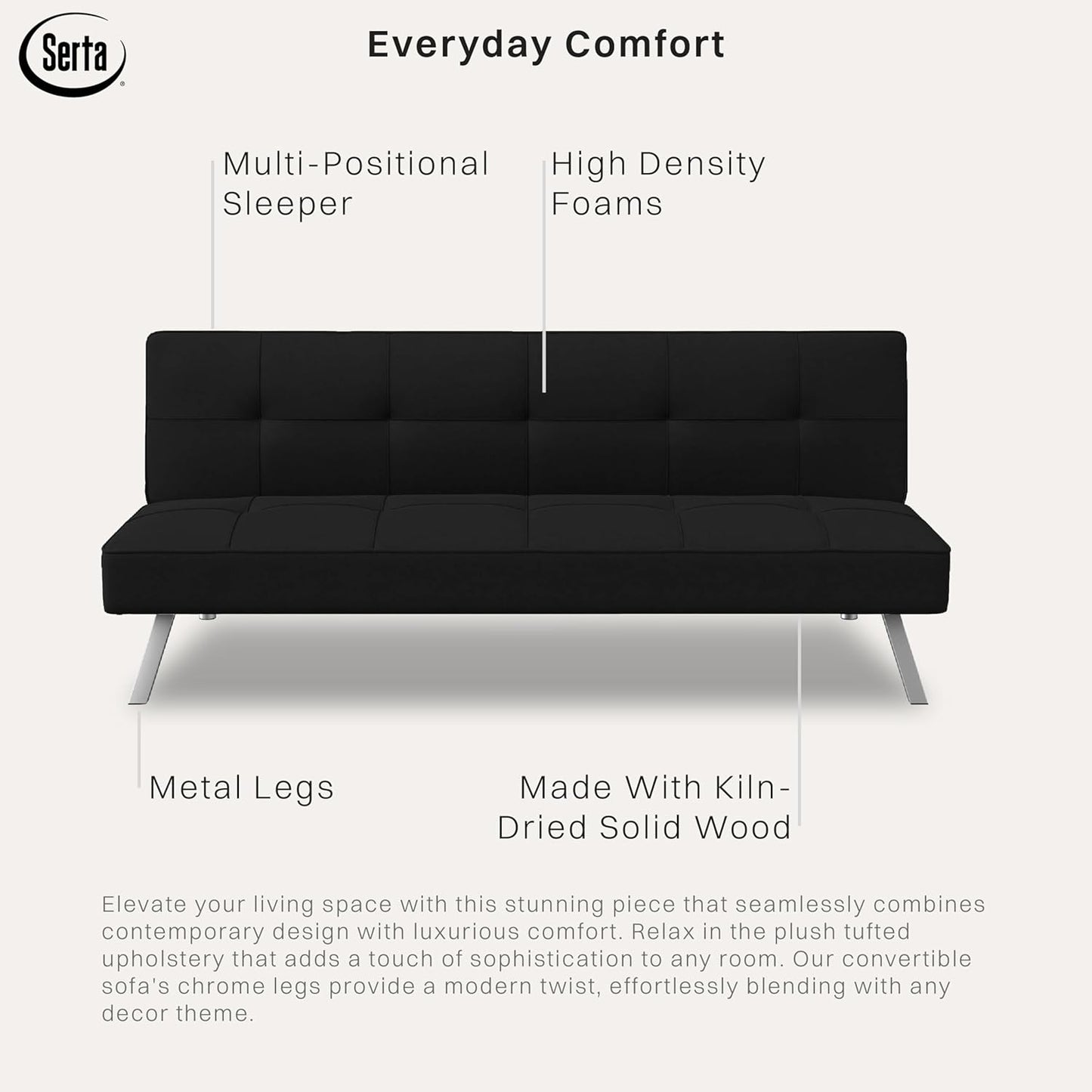 Serta Rane 66.1" 3-in-1 Convertible Futon Sleeper Couch (Black)