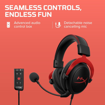 HyperX Cloud II Gaming Headset – 7.1 Surround Sound, Memory Foam, Red
