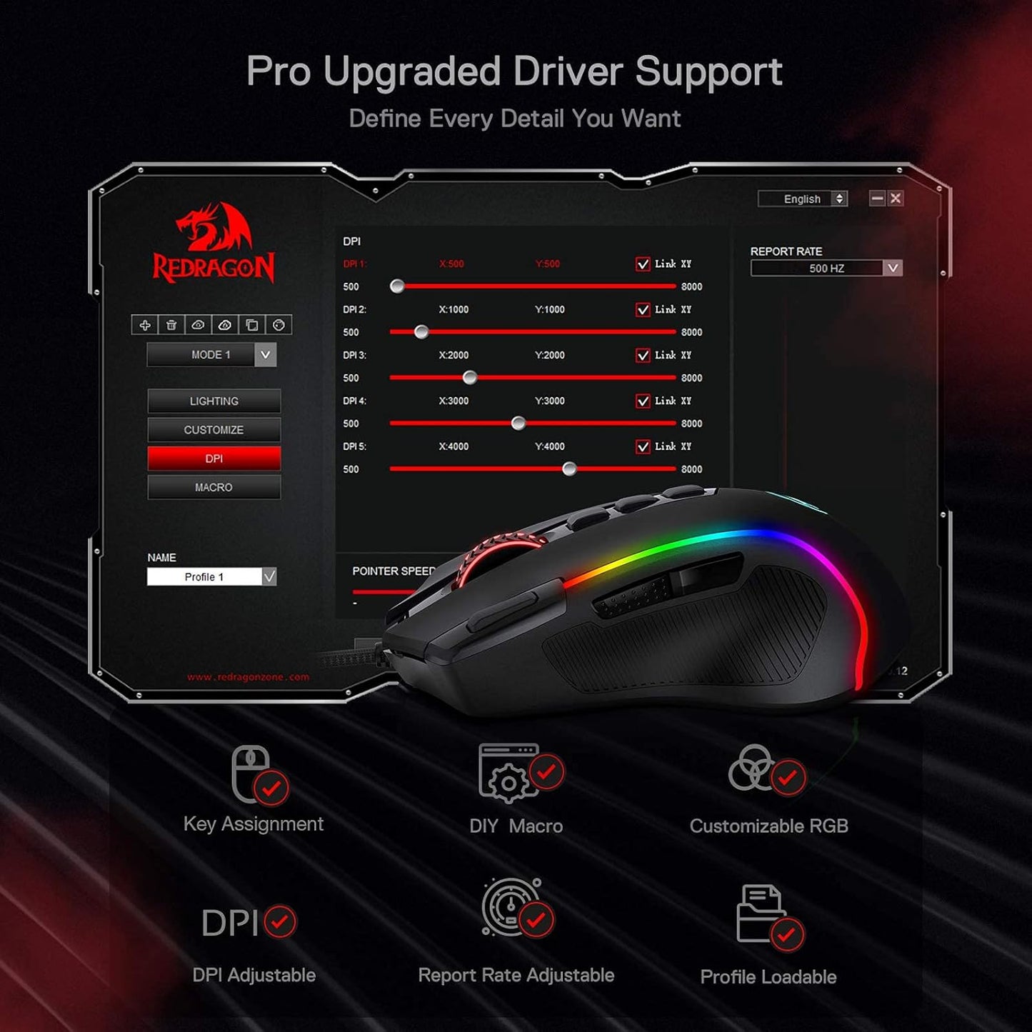 Redragon M612 Wired RGB Gaming Mouse, 8000 DPI, Programmable Buttons