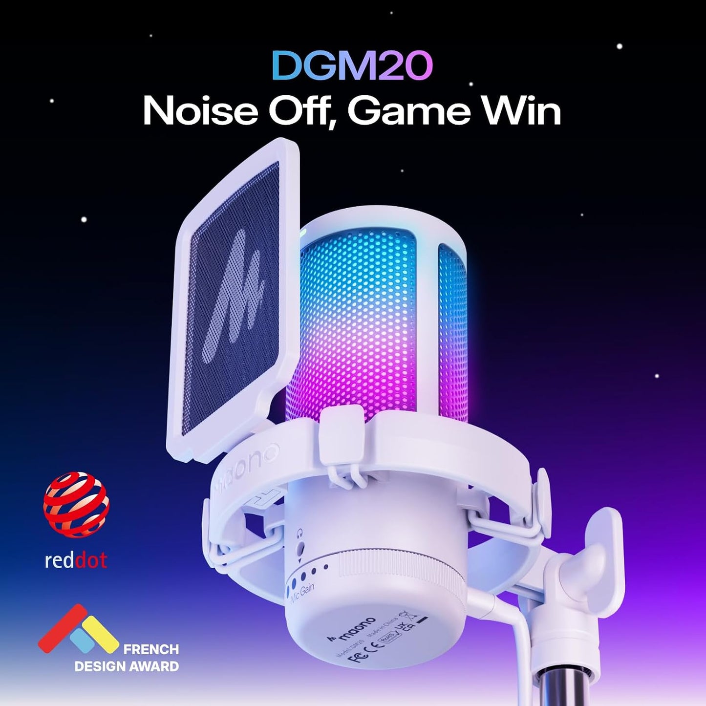 MAONO DGM20S USB Gaming Microphone, White | RGB, Noise Reduction, Boom Arm for PC