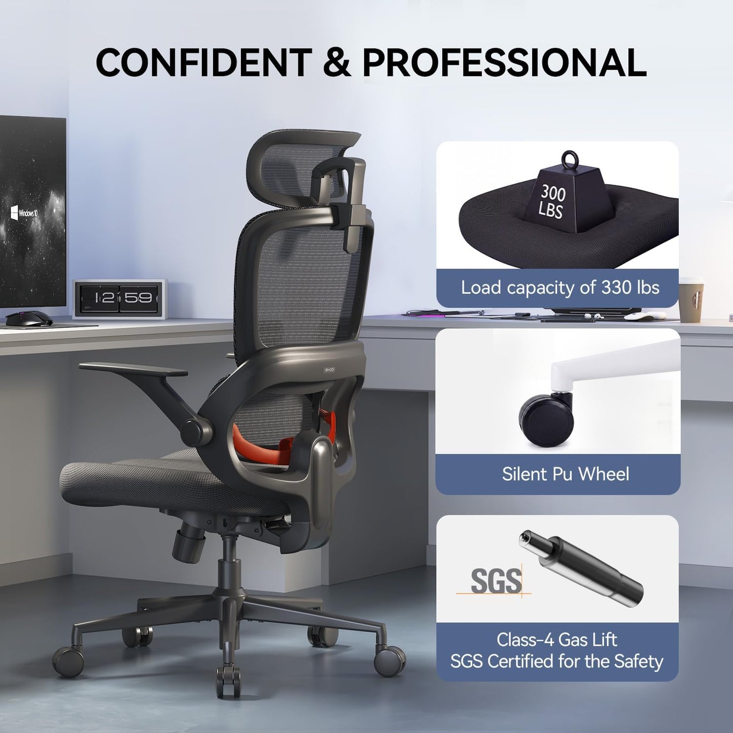 SIHOO B100 SE Ergonomic Office Chair with Adaptive Lumbar Support & Flip-Up Armrests, Jet Black