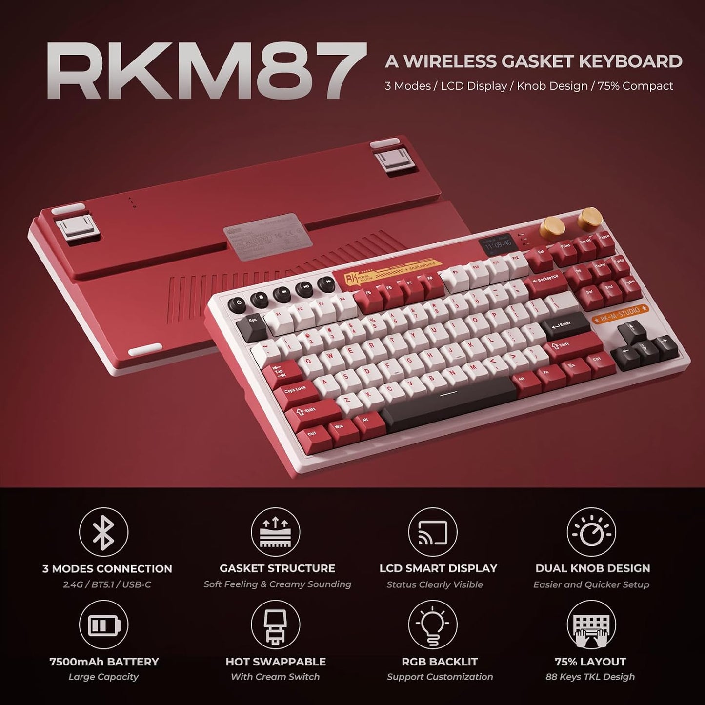 RK ROYAL KLUDGE M87 75% Wireless Mechanical Keyboard – Screen, Dual Knobs, RGB
