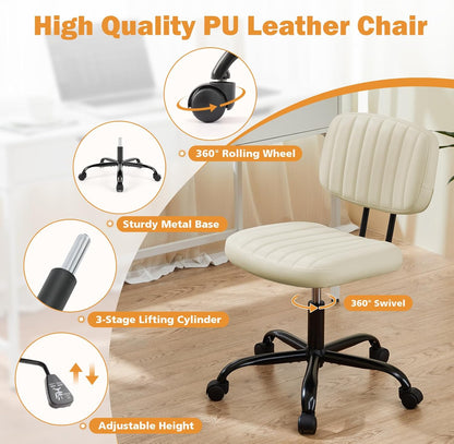 Sweetcrispy Armless PU Leather Office Desk Chair with Lumbar Support – Beige
