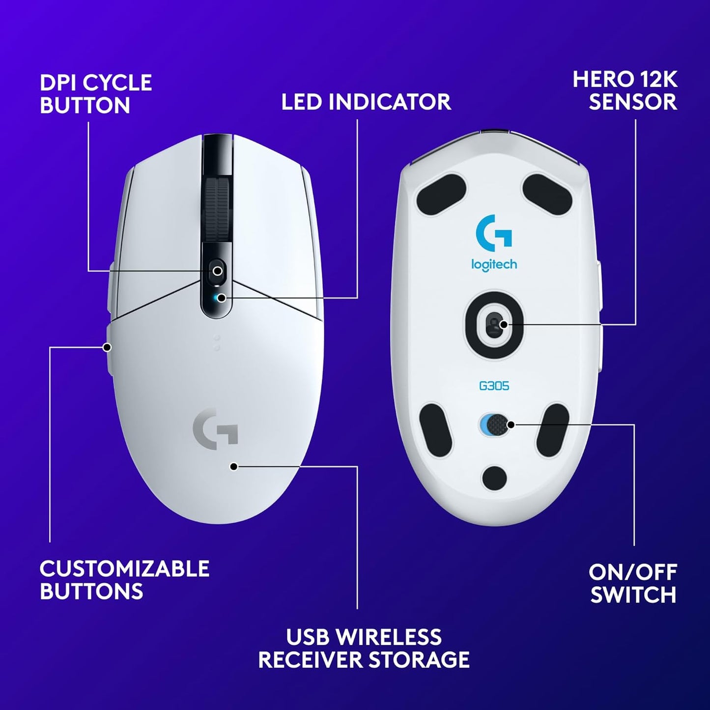 Logitech G305 LIGHTSPEED Wireless Gaming Mouse, HERO Sensor, White