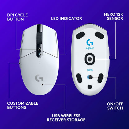 Logitech G305 LIGHTSPEED Wireless Gaming Mouse, HERO Sensor, White