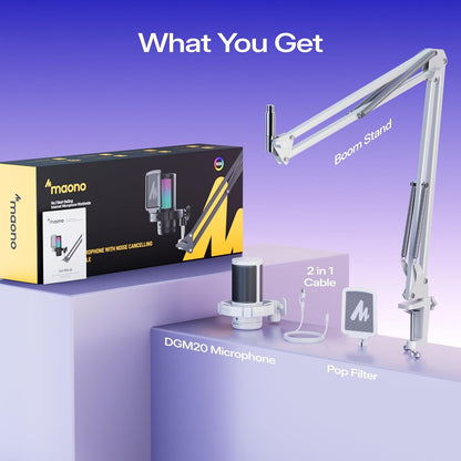 MAONO DGM20S USB Gaming Microphone, White | RGB, Noise Reduction, Boom Arm for PC