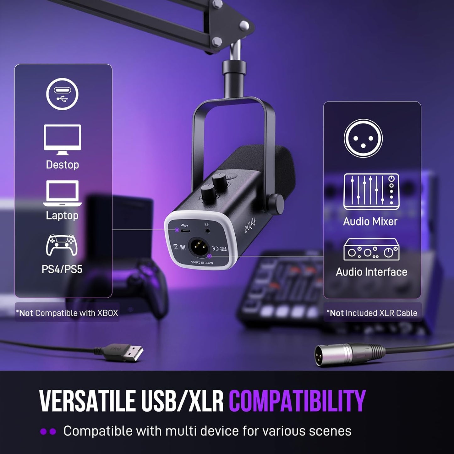 FIFINE AmpliGame AM8T XLR/USB RGB Gaming Microphone with Boom Arm