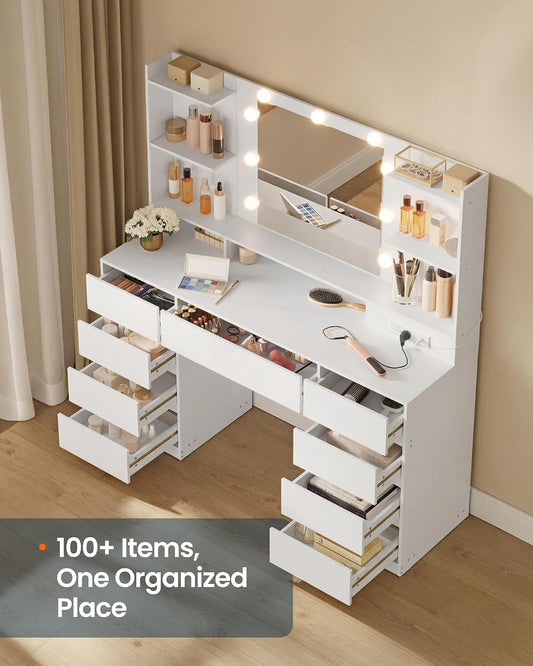 SONGMICS HOME 9-Drawer Makeup Vanity Desk with Lighted Mirror & Charging Station – White