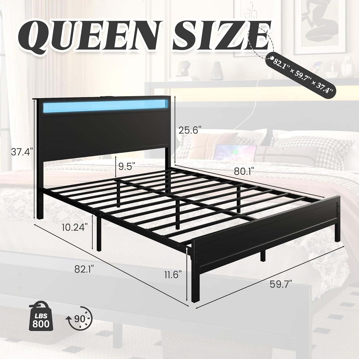 Fluest Queen Bed Frame with LED, Charging Station & Storage Shelf, Black