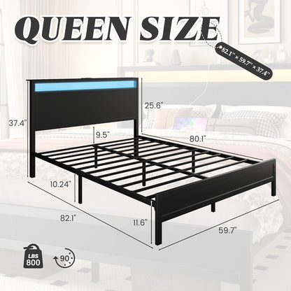 Fluest Queen Bed Frame with LED, Charging Station & Storage Shelf, Black
