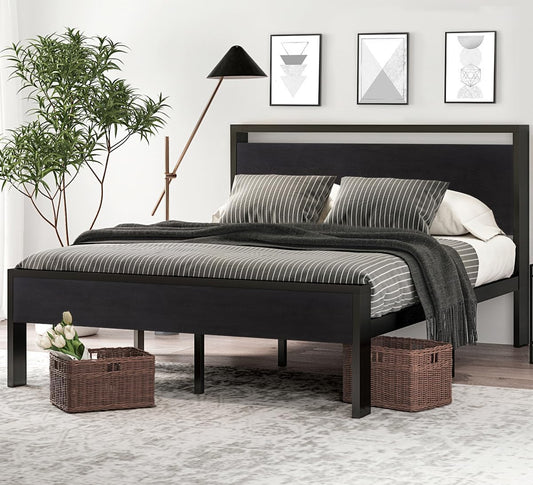 SHA CERLIN Full Size Metal Bed Frame with Wooden Headboard & Footboard – Black Oak, 12" Storage, Noise-Free