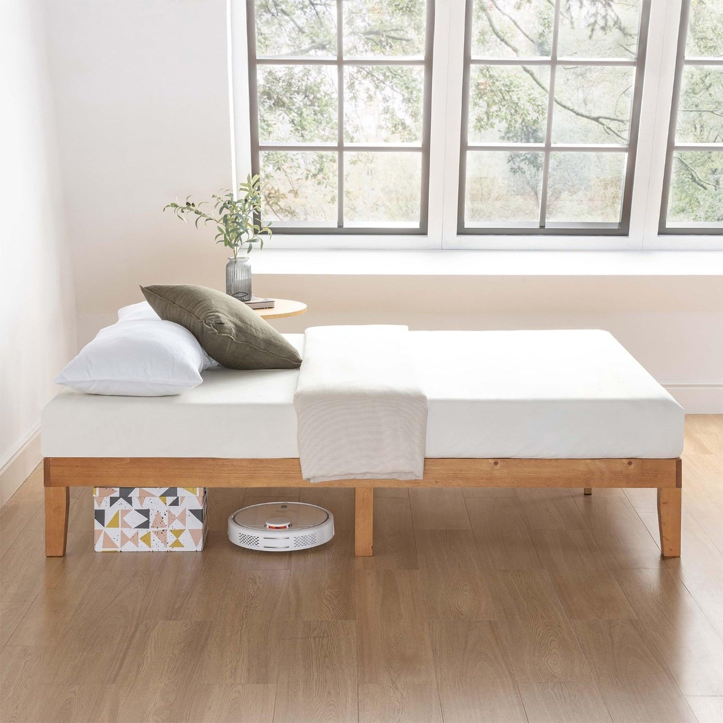 Mellow Queen Solid Pine Platform Bed Frame – 12" Wooden Slats, No Box Spring, Naturalista Classic