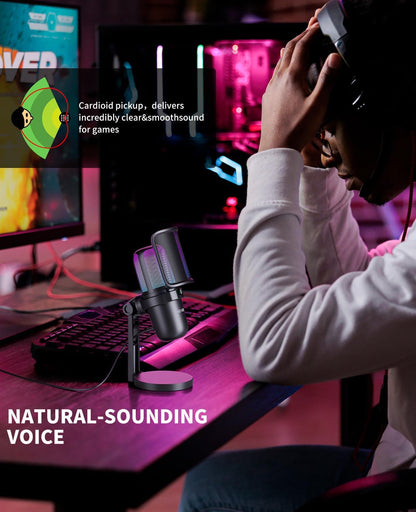 USB RGB Gaming Microphone | Condenser Mic for PC & PS5, Gain Knob, Headphone Jack